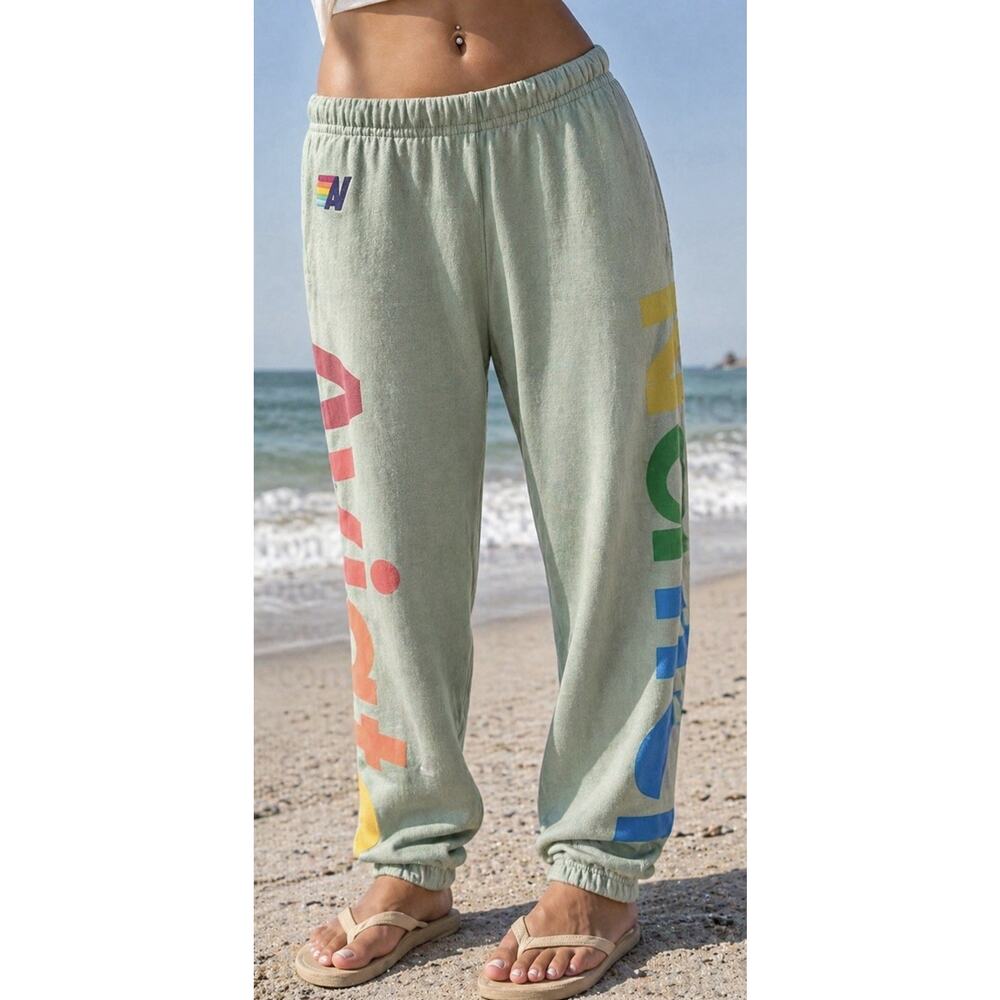 Aviator Nation Jogger Sweatpants XS Green Spell Out Graphic Logo Drawstring